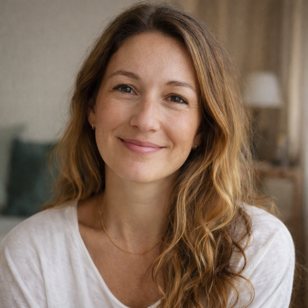 Retrato de mulher sorridente em jejum Intermitente com cabelos soltos, em ambiente interno iluminado, transmitindo leveza e bem-estar.