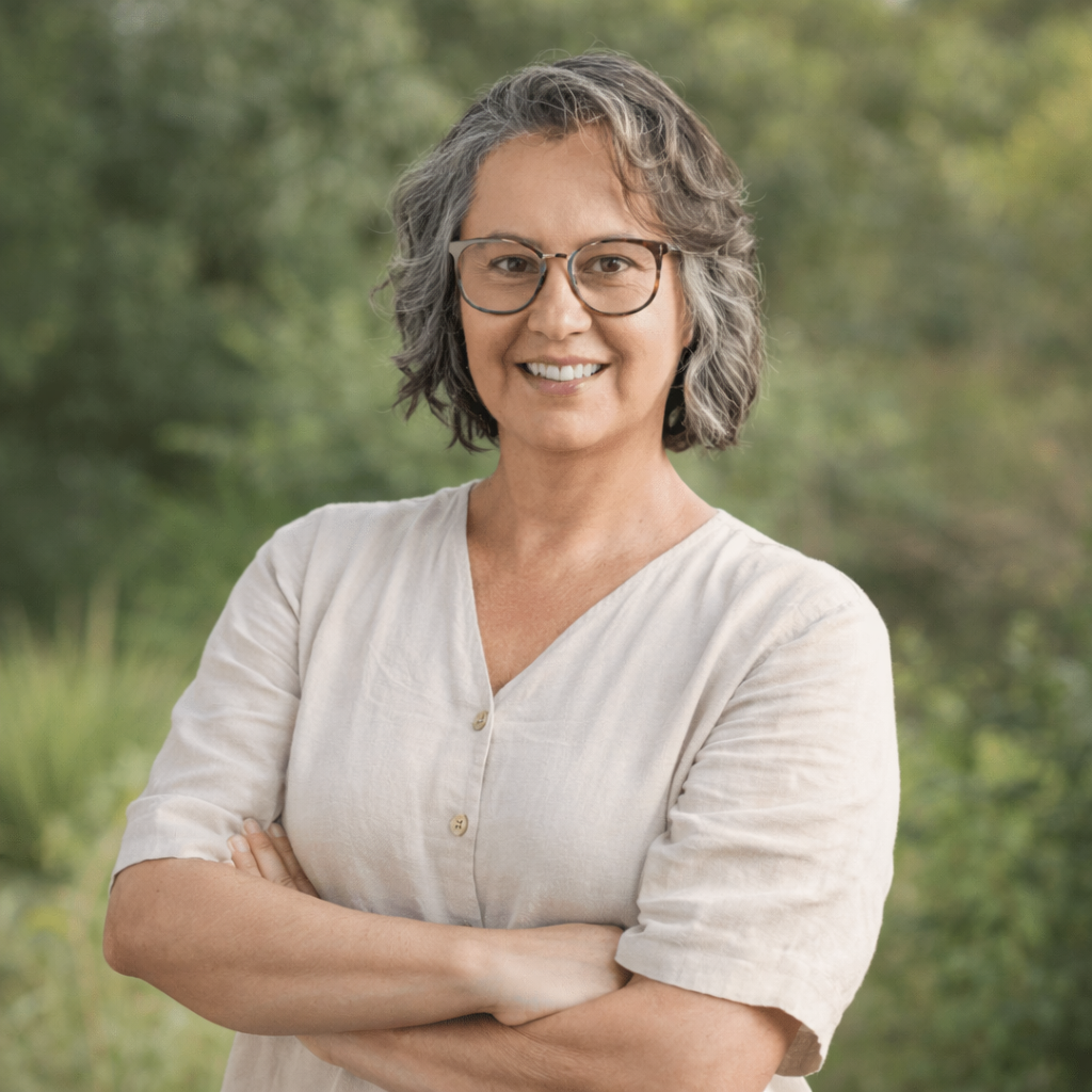 Fernanda Delgado, especialista em saúde integrativa e jejum intermitente, em retrato ao ar livre.
